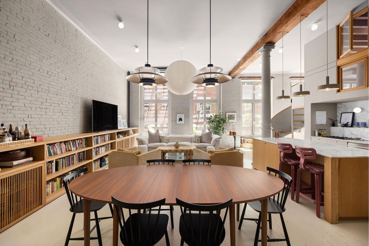 Dining room, Interior, Living room, Pendant Lights, Stone Walls, Wooden Beams