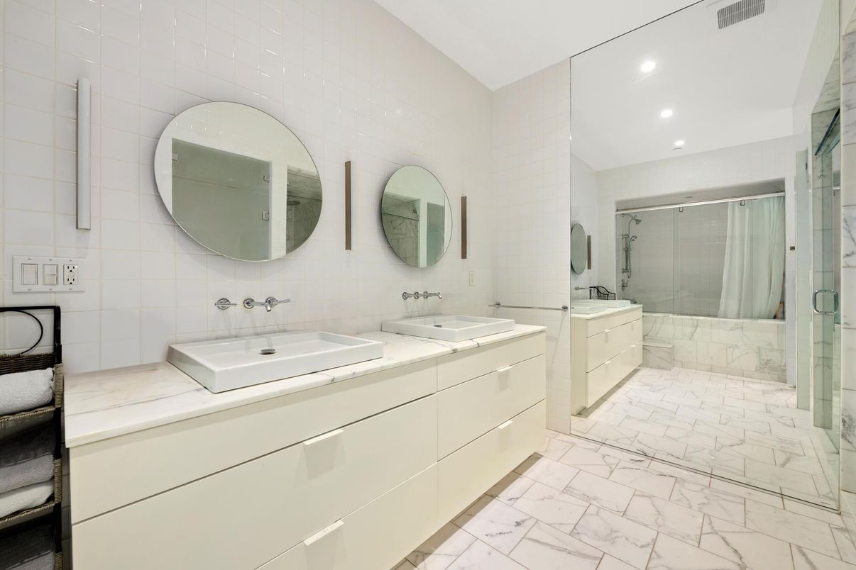 Bathroom, Dual Sink Vanities, Glass Shower, Interior, Marble, Recessed Lighting