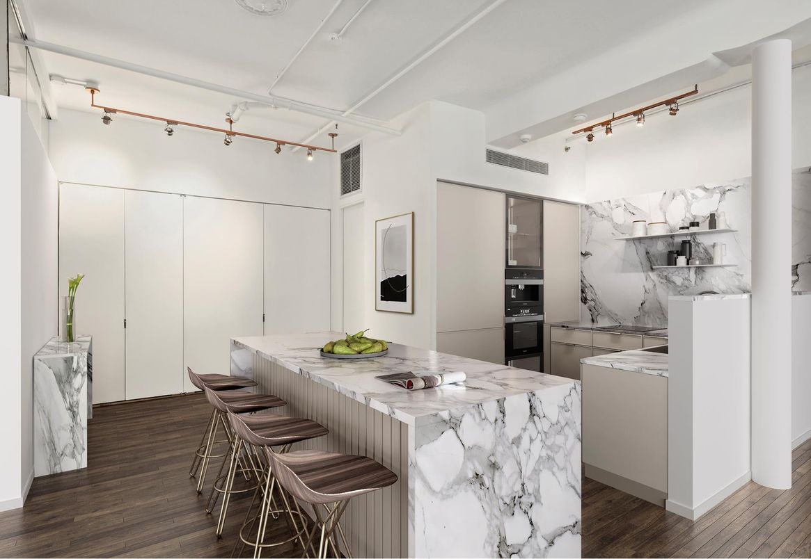 Interior, Kitchen, Marble Walls, Stainless Steel Appliances, Wood Texture Flooring