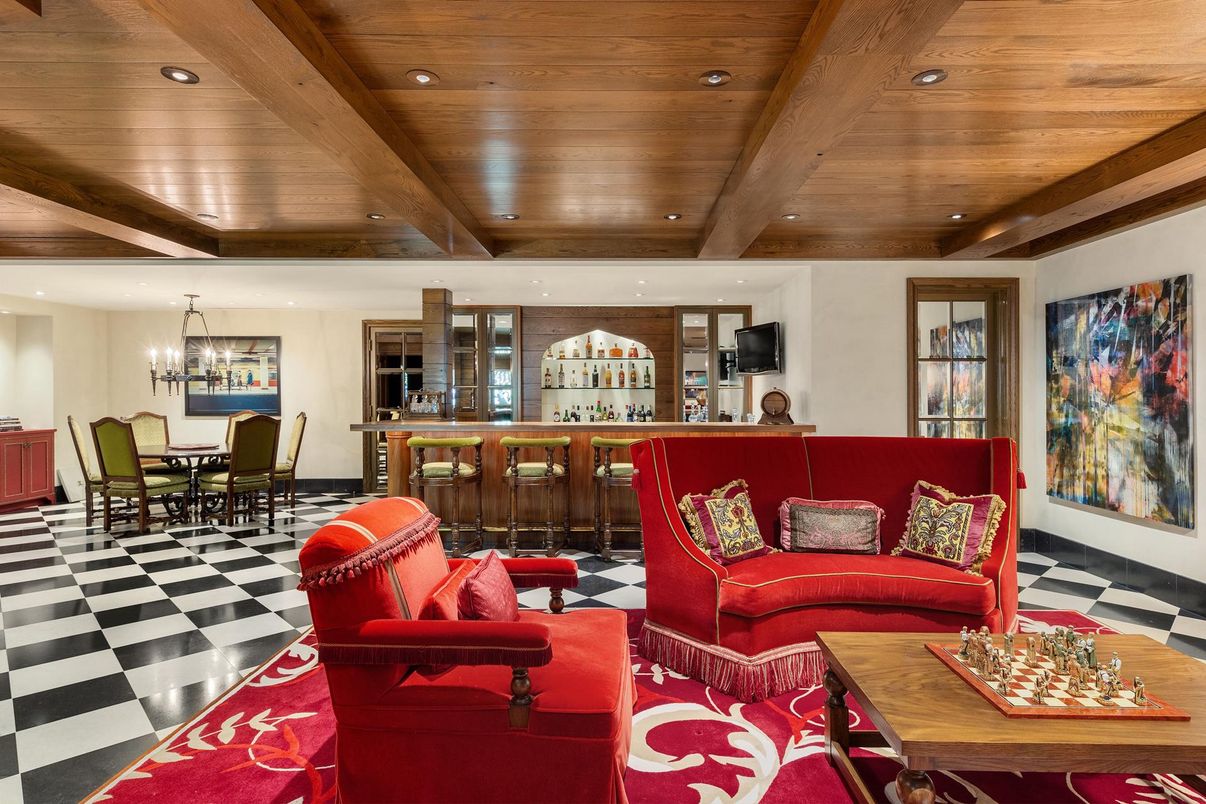 Chandelier, Dining room, Interior, Living room, Recessed Lighting, Wooden Beams, Wooden Ceilings