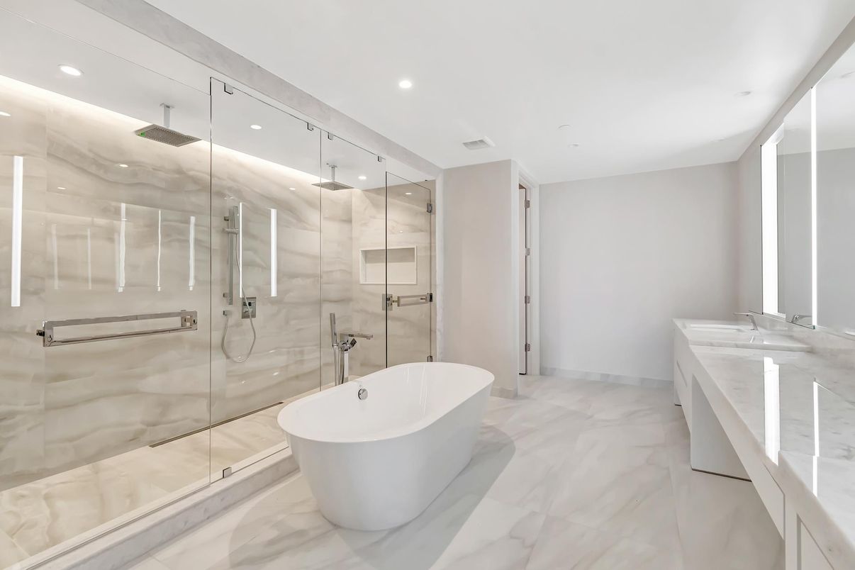 Bathroom, Dual Sink Vanities, Free Standing Baths, Glass Shower, Interior, Marble, Recessed Lighting