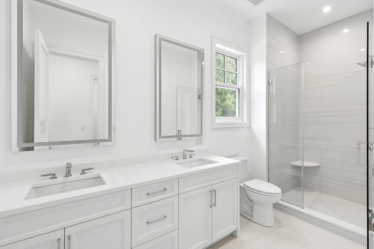 Bathroom, Dual Sink Vanities, Glass Shower, Interior, Recessed Lighting