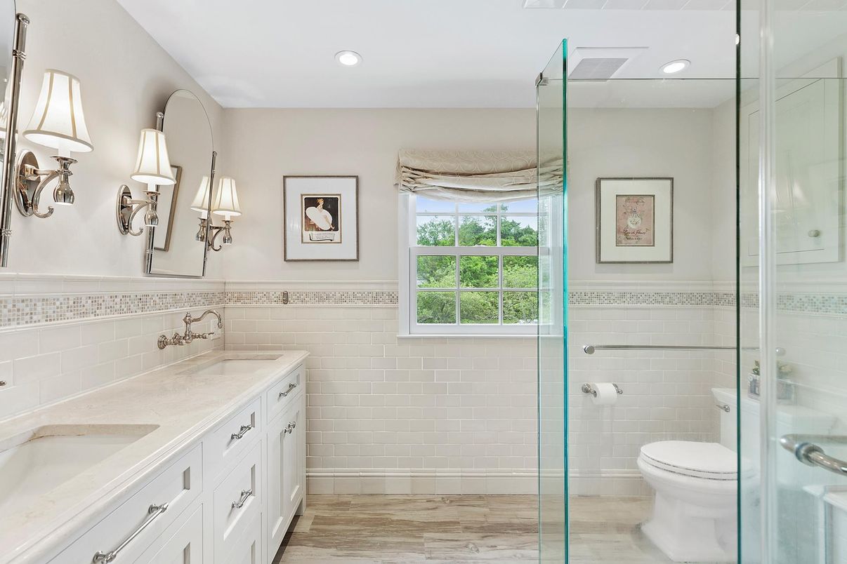 Bathroom, Glass Shower, Interior, Recessed Lighting, Wood Texture Flooring