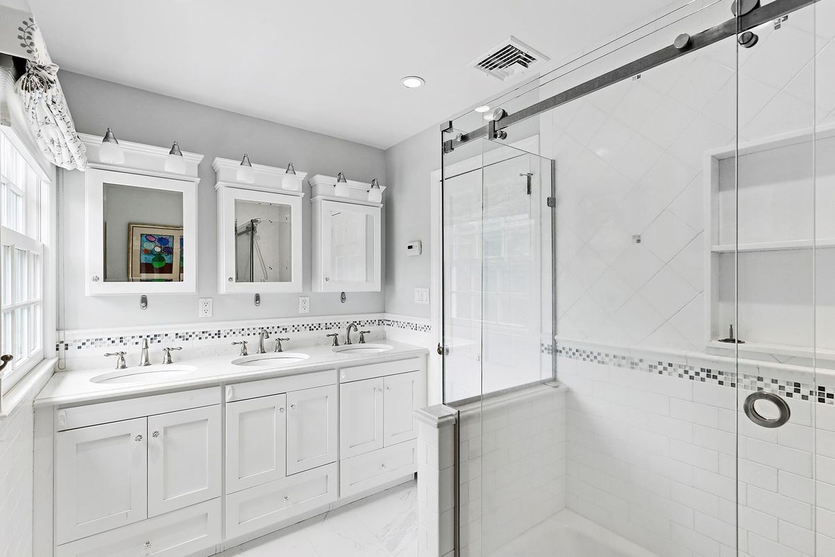 Bathroom, Dual Sink Vanities, Glass Shower, Interior, Marble, Recessed Lighting