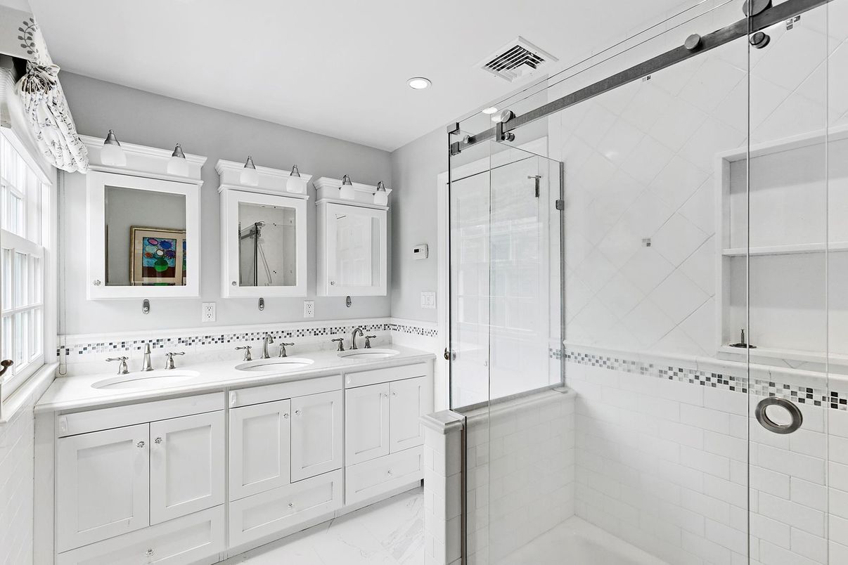 Bathroom, Dual Sink Vanities, Glass Shower, Interior, Marble, Recessed Lighting