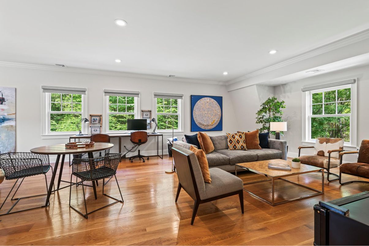 Dining room, Interior, Living room, Recessed Lighting, Wood Texture Flooring