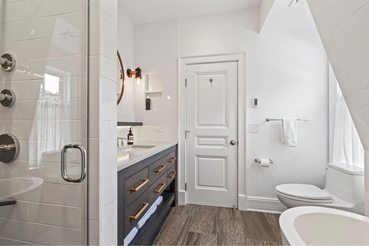 Bathroom, Glass Shower, Interior, Wood Texture Flooring