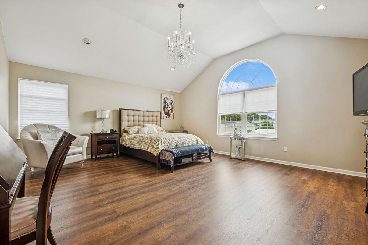 Bedroom, Chandelier, Interior, Recessed Lighting, Wood Texture Flooring