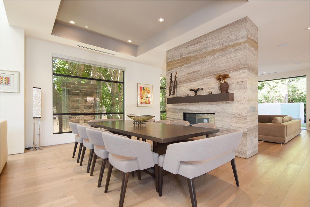 Dining room, Fireplace, Interior, Recessed Lighting, Wood Texture Flooring