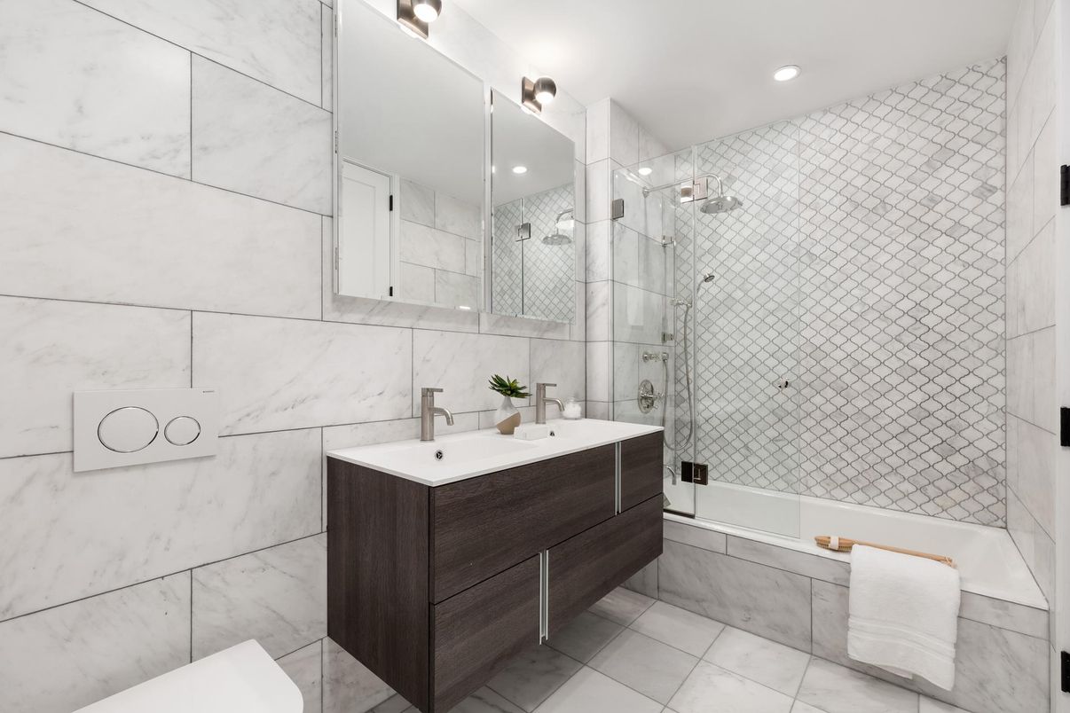 Bathroom, Glass Shower, Interior, Marble Walls, Recessed Lighting