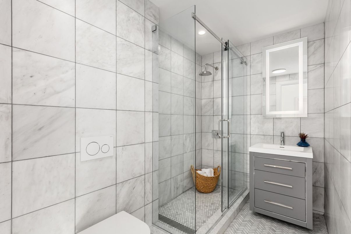 Bathroom, Glass Shower, Interior, Recessed Lighting