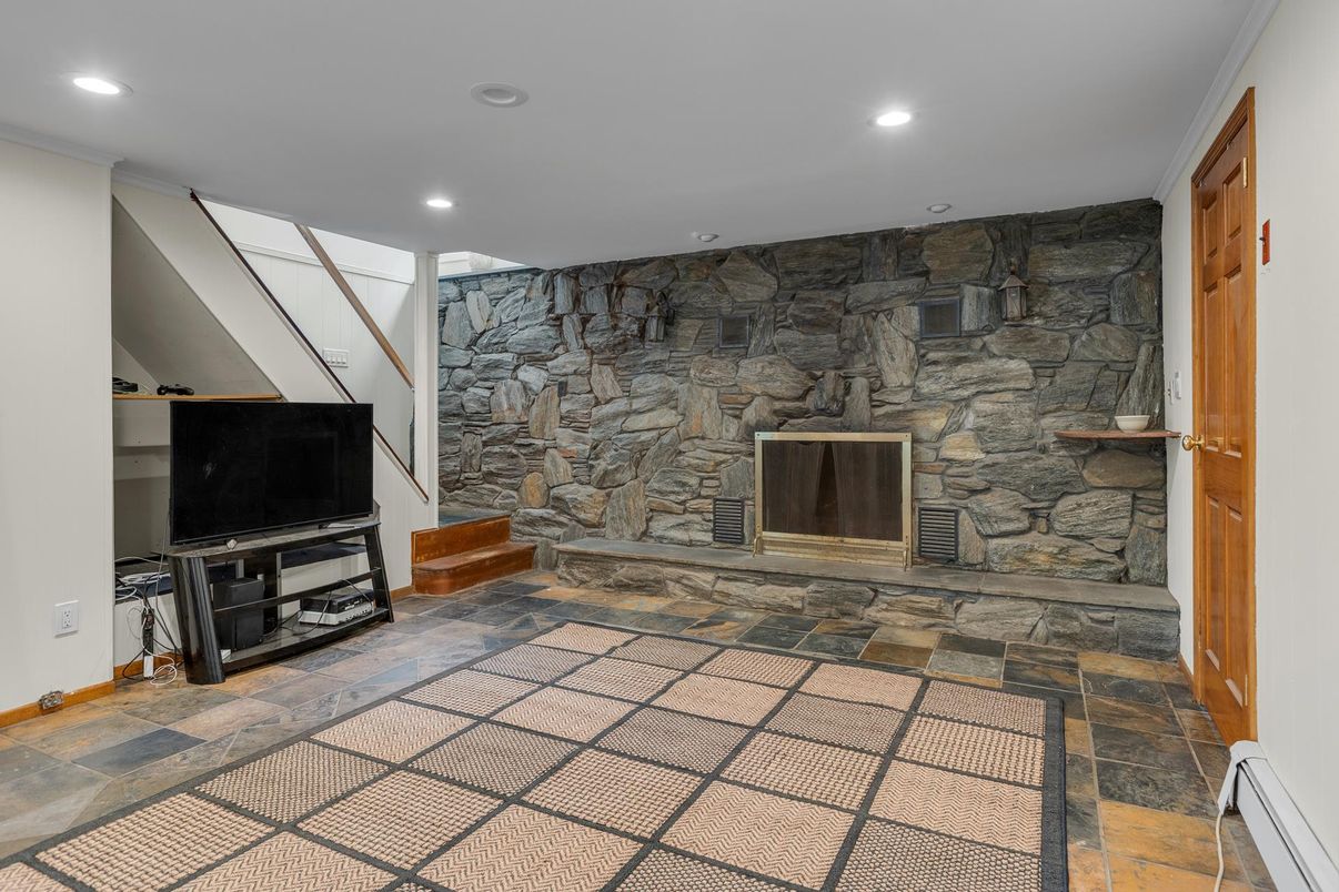 Fireplace, Interior, Recessed Lighting, Stone Walls
