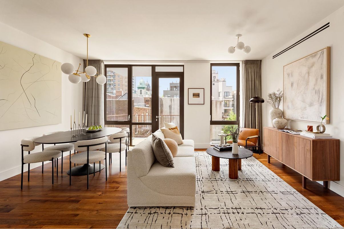 Dining room, Interior, Living room, Pendant Lights, Wood Texture Flooring