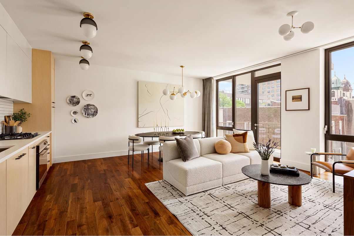 Dining room, Interior, Kitchen, Living room, Pendant Lights, Wood Texture Flooring