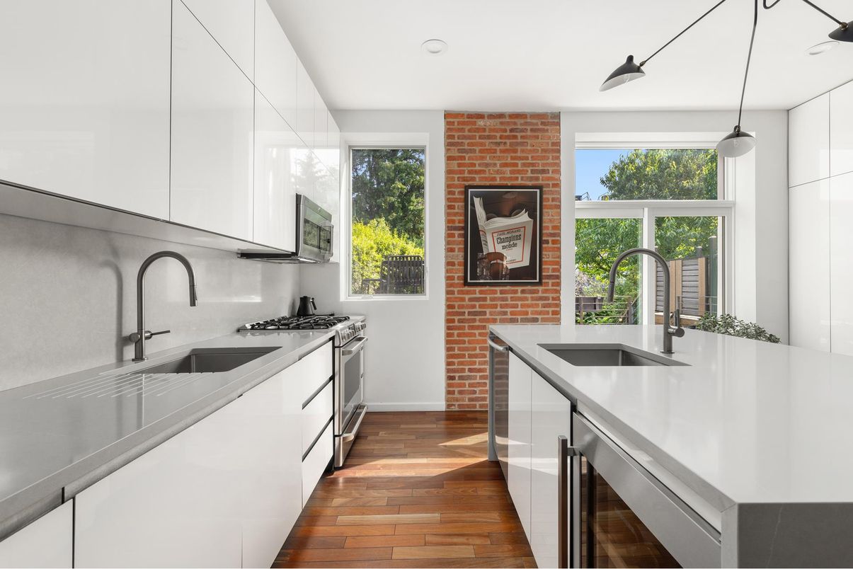 Interior, Kitchen, Pendant Lights, Recessed Lighting, Stainless Steel Appliances, Stone Walls, Wood Texture Flooring