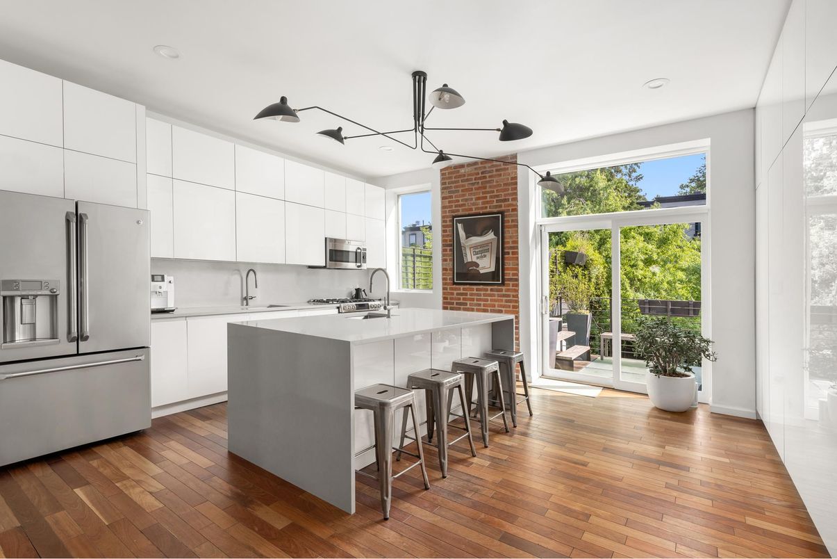 Interior, Kitchen, Recessed Lighting, Stone Walls, Wood Texture Flooring