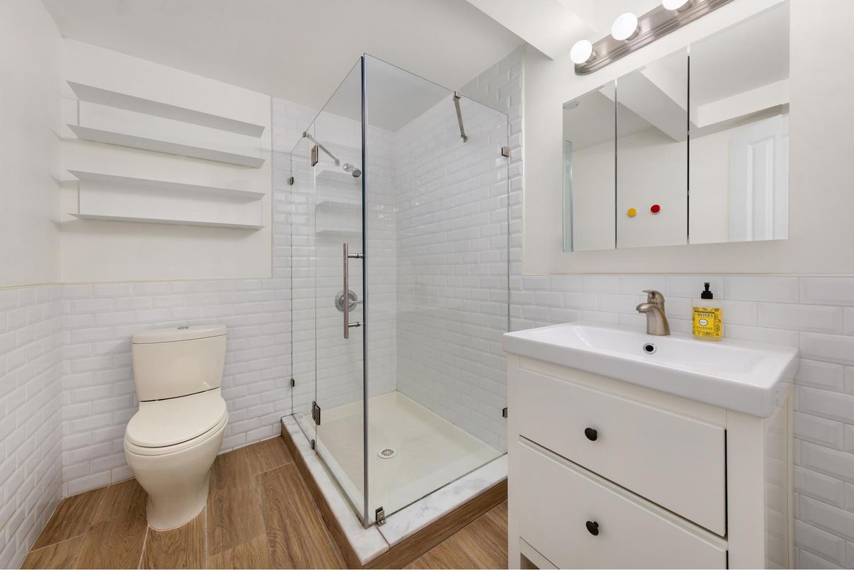 Bathroom, Glass Shower, Interior, Wood Texture Flooring