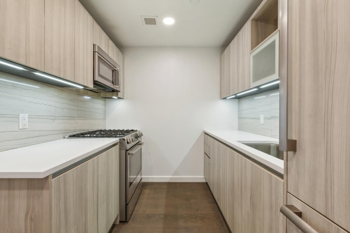 Interior, Kitchen, Marble Walls, Recessed Lighting, Wood Texture Flooring
