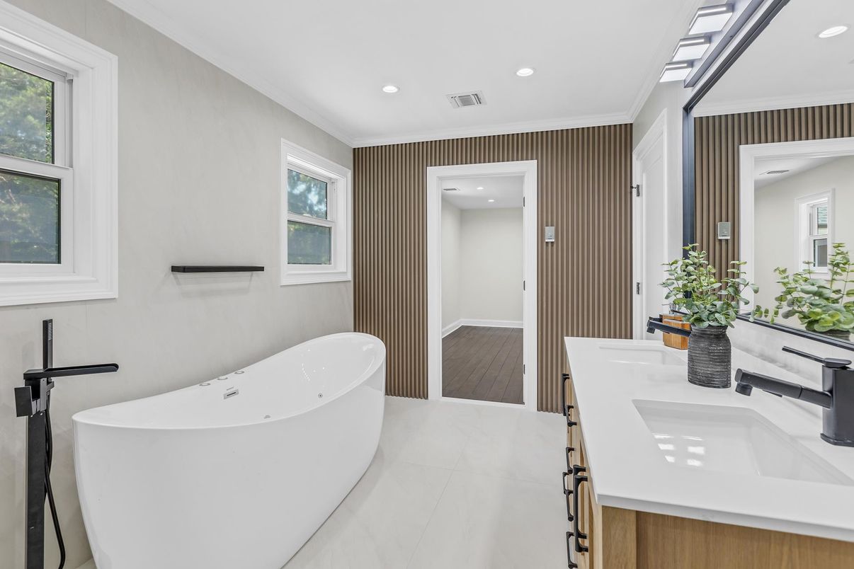 Bathroom, Dual Sink Vanities, Free Standing Baths, Interior, Recessed Lighting, Wood Texture Flooring
