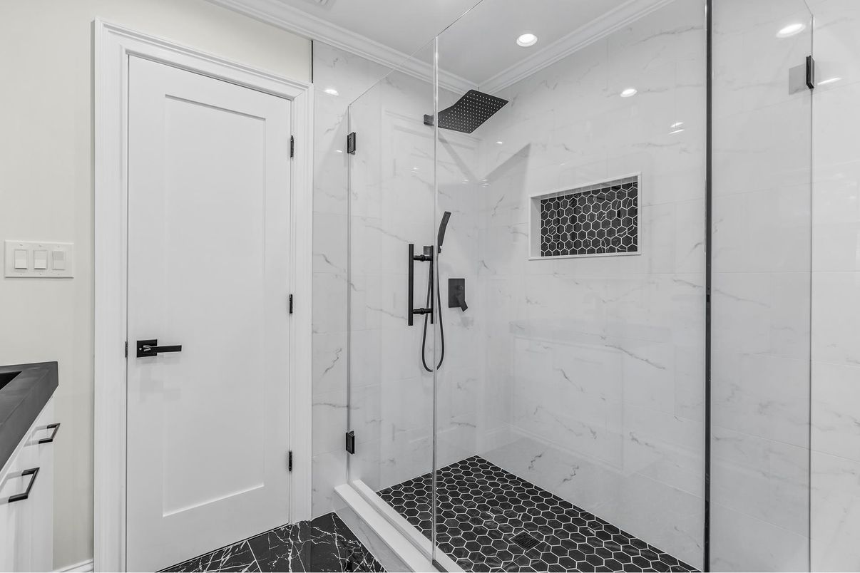 Bathroom, Glass Shower, Interior, Marble Walls, Recessed Lighting