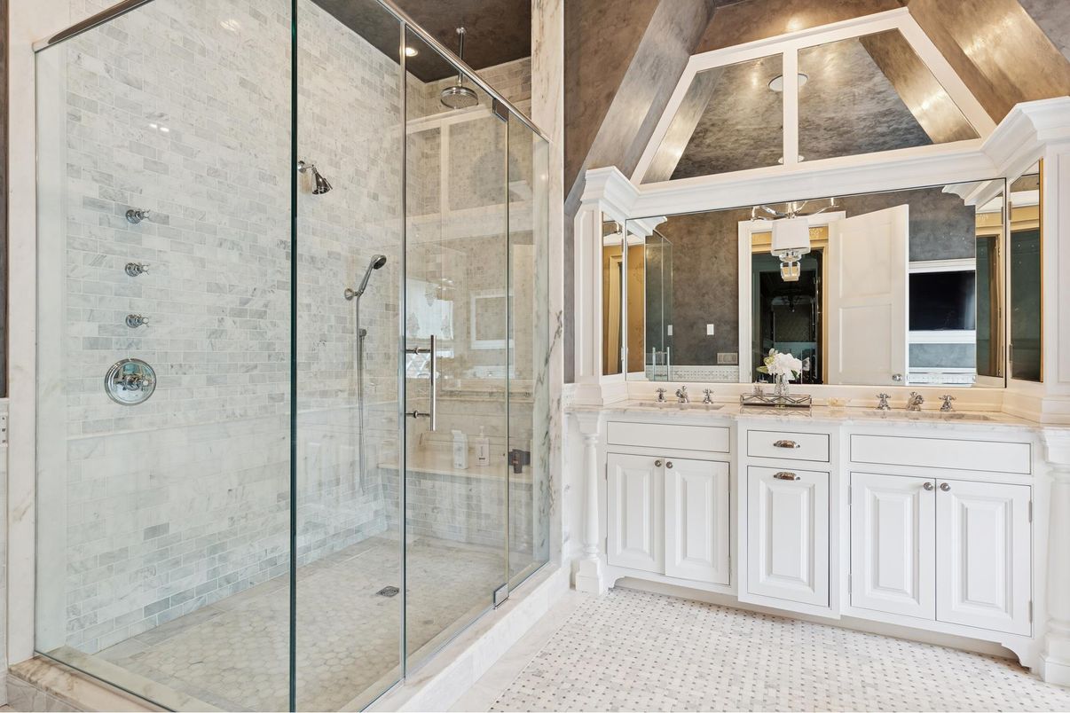 Bathroom, Dual Sink Vanities, Glass Shower, Interior, Stone Walls