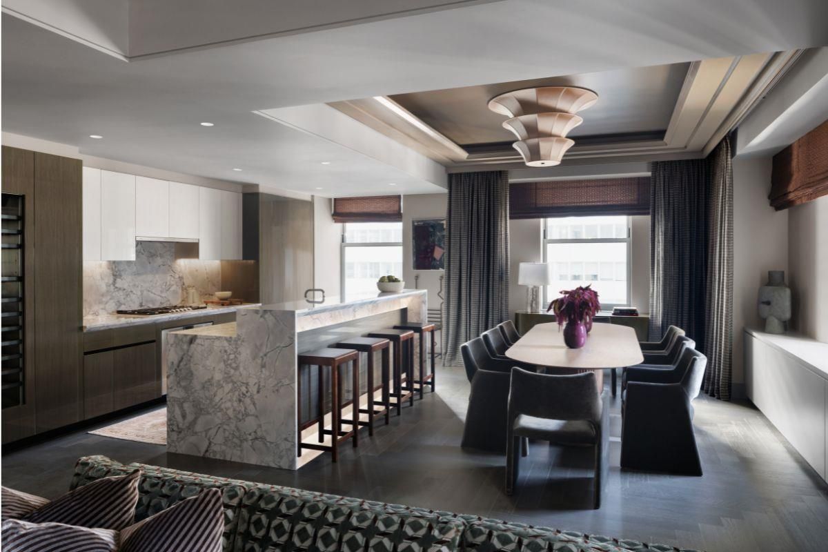 Dining room, Interior, Kitchen, Recessed Lighting, Stainless Steel Appliances, Wood Texture Flooring
