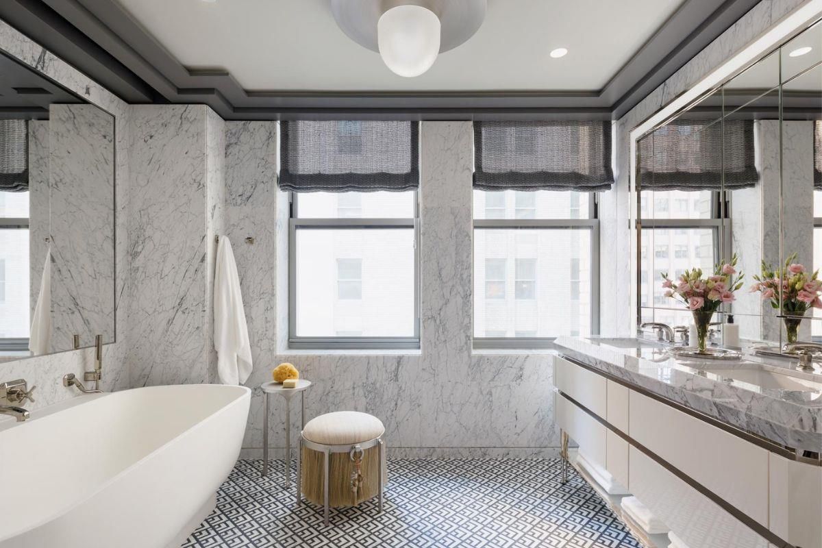 Bathroom, Dual Sink Vanities, Free Standing Baths, Interior, Marble Walls, Pendant Lights, Recessed Lighting