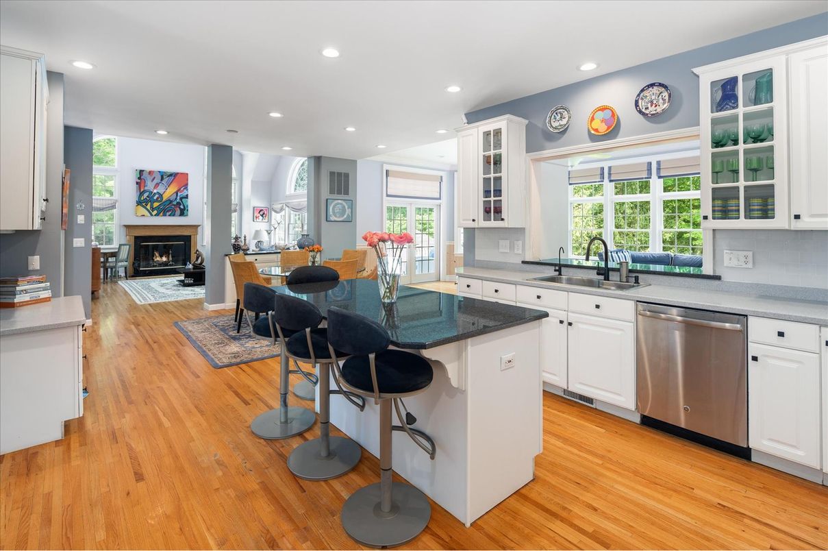 Dining room, Fireplace, Interior, Kitchen, Recessed Lighting, Wood Texture Flooring