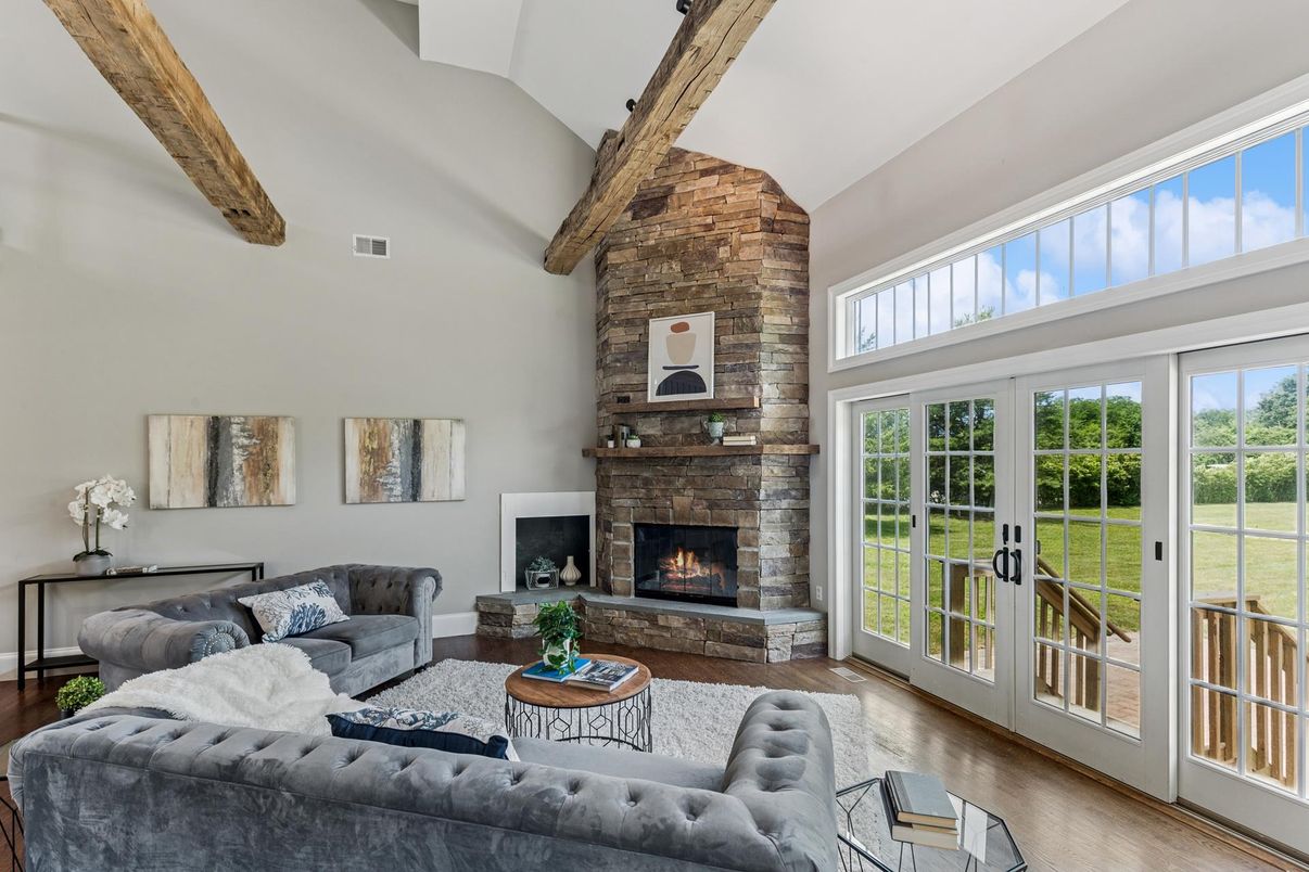 Fireplace, Interior, Living room, Stone Walls, Wooden Beams, Wood Texture Flooring