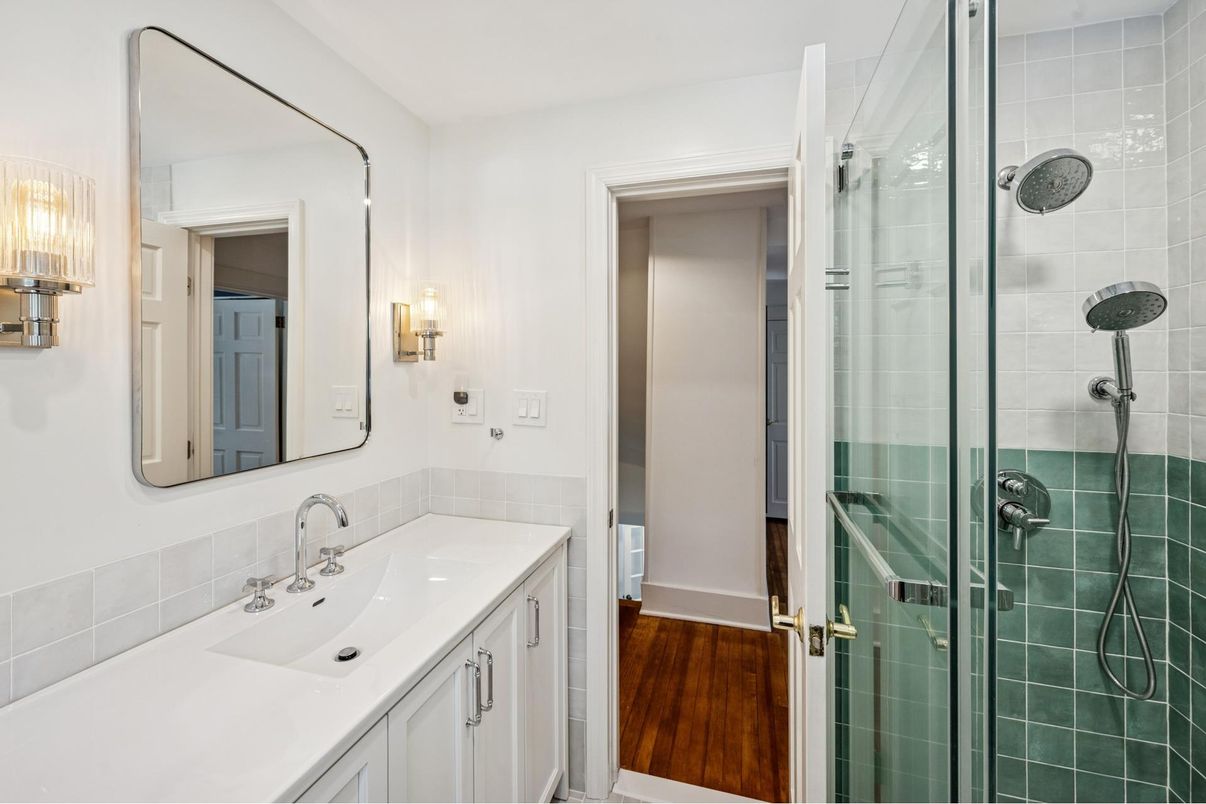 Bathroom, Glass Shower, Interior, Wood Texture Flooring