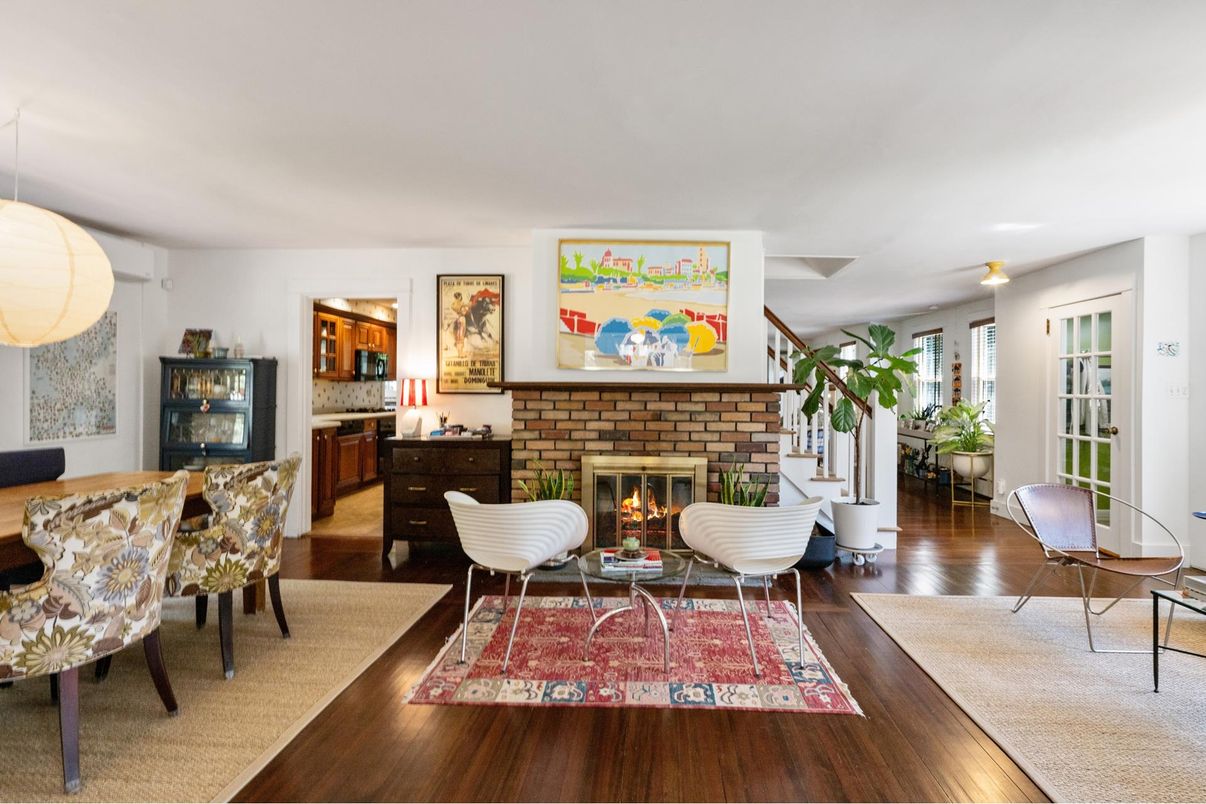 Dining room, Fireplace, Interior, Living room, Wood Texture Flooring