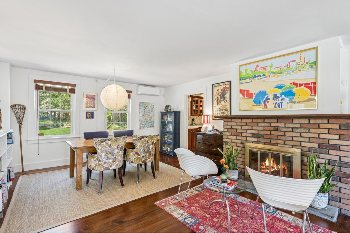 Dining room, Fireplace, Interior, Living room, Pendant Lights, Wood Texture Flooring