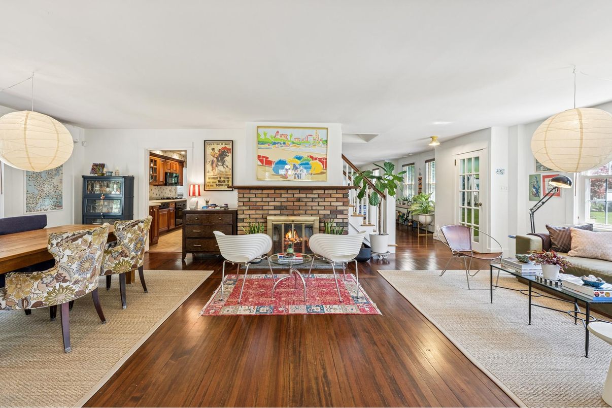 Dining room, Fireplace, Interior, Living room, Pendant Lights, Wood Texture Flooring