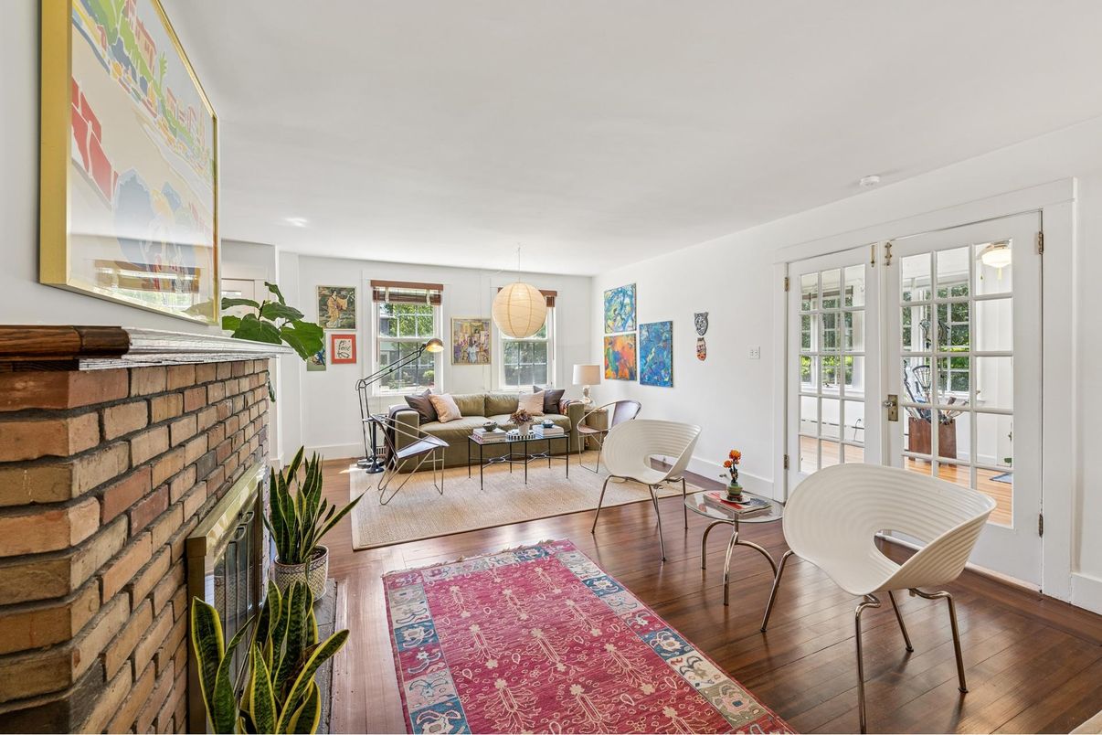 Fireplace, Interior, Living room, Pendant Lights, Wood Texture Flooring