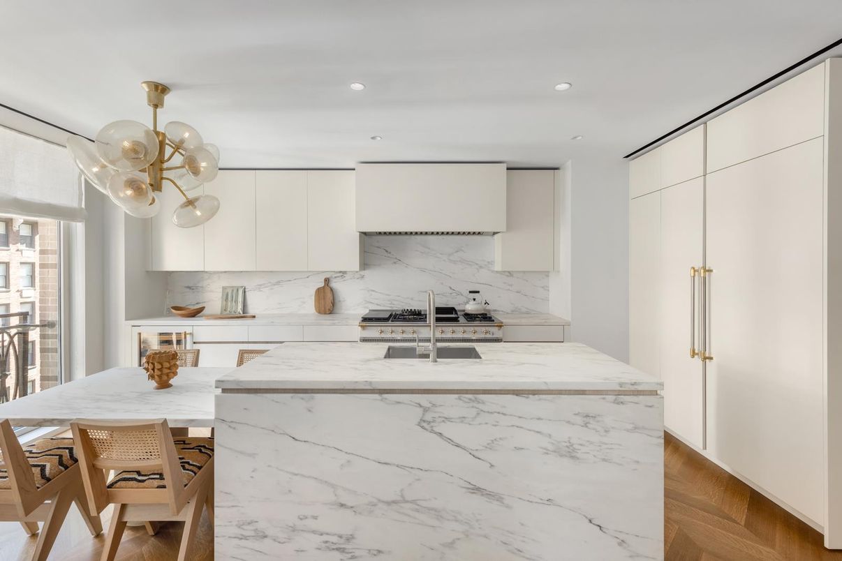 Interior, Kitchen, Marble Walls, Pendant Lights, Recessed Lighting, Wood Texture Flooring