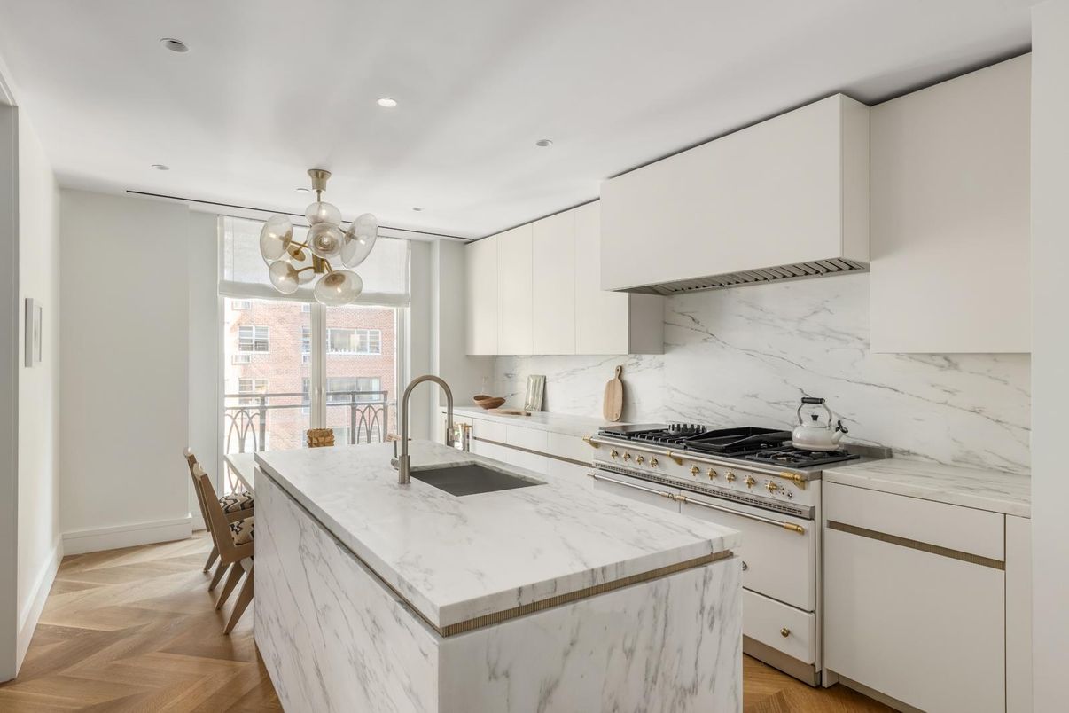 Interior, Kitchen, Marble Walls, Pendant Lights, Recessed Lighting, Stainless Steel Appliances, Wood Texture Flooring
