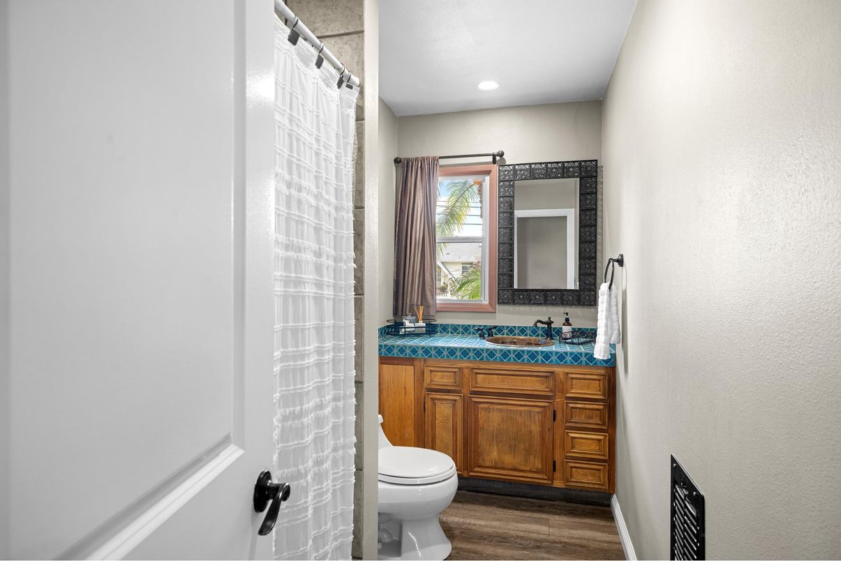 Bathroom, Interior, Recessed Lighting, Tile Countertops, Wood Texture Flooring