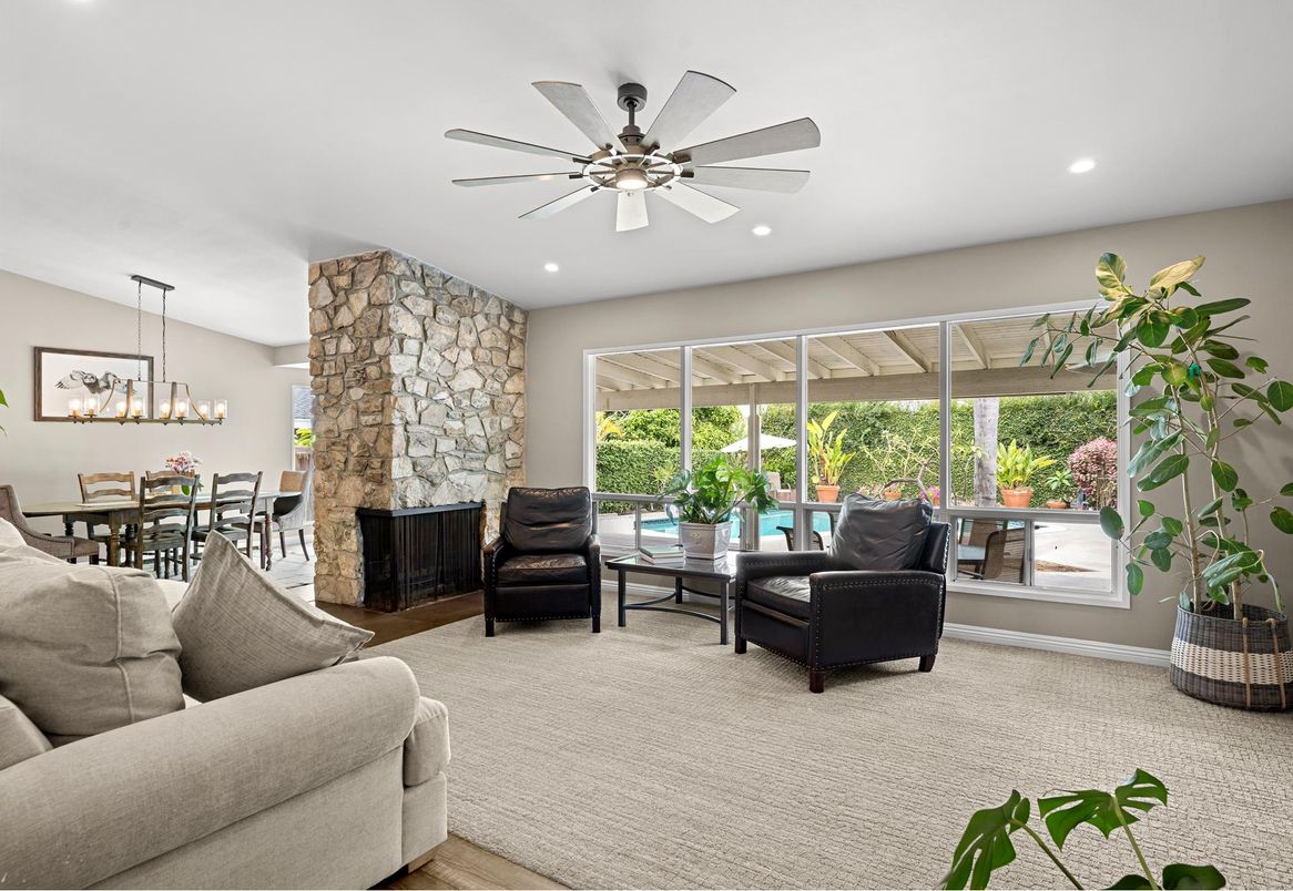 Chandelier, Dining room, Fireplace, Interior, Living room, Recessed Lighting, Stone Walls