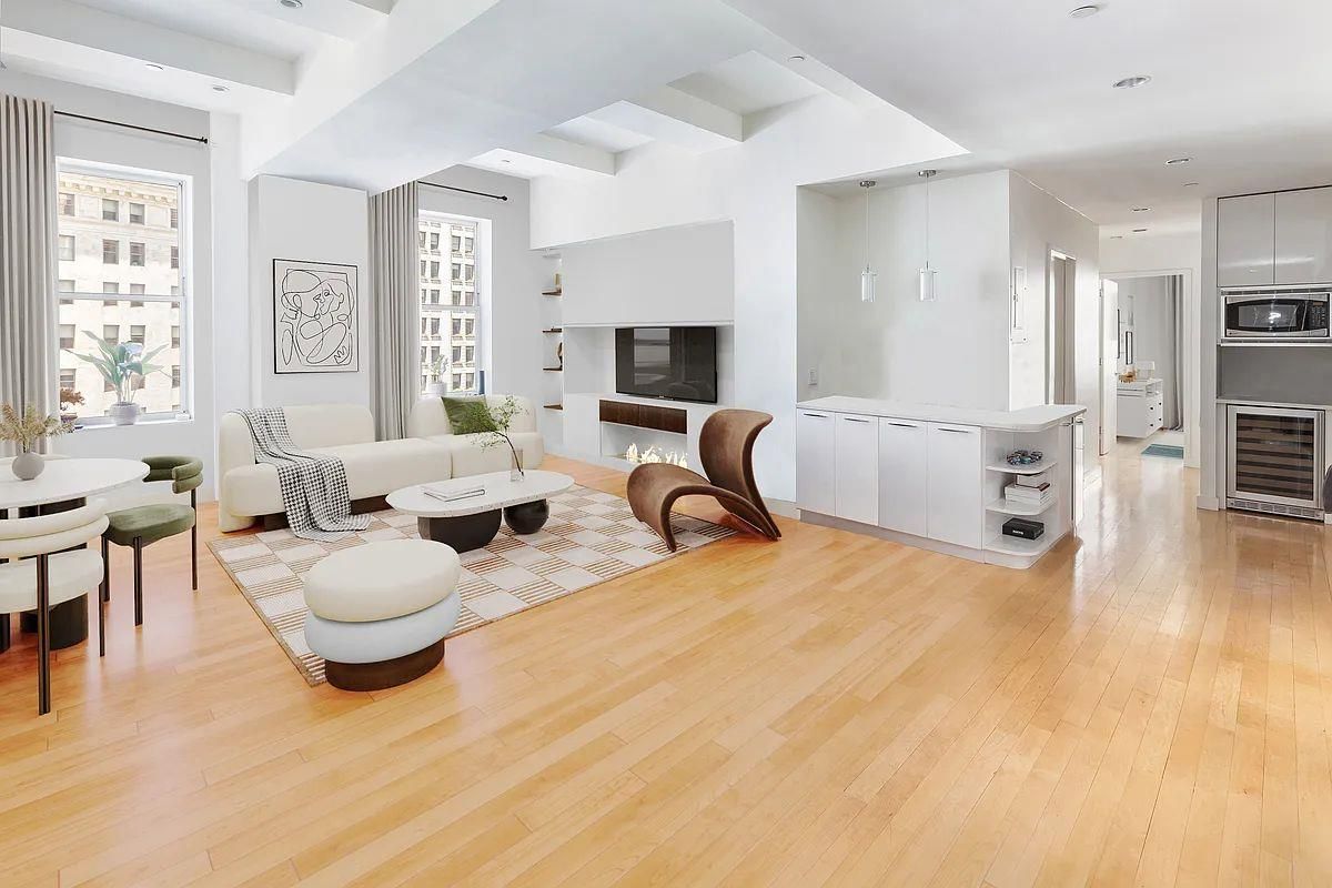Dining room, Fireplace, Interior, Kitchen, Living room, Recessed Lighting, Wood Texture Flooring