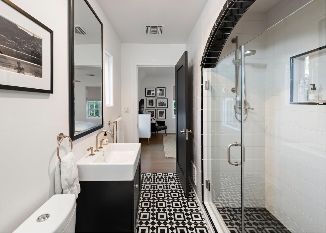 Bathroom, Glass Shower, Interior, Wood Texture Flooring