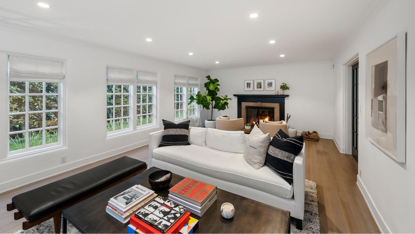 Fireplace, Interior, Living room, Recessed Lighting, Wood Texture Flooring