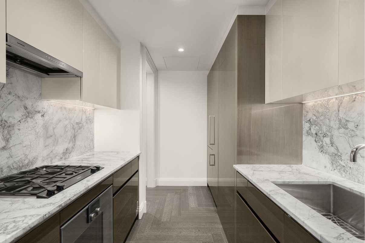 Interior, Kitchen, Marble Walls, Recessed Lighting, Wood Texture Flooring