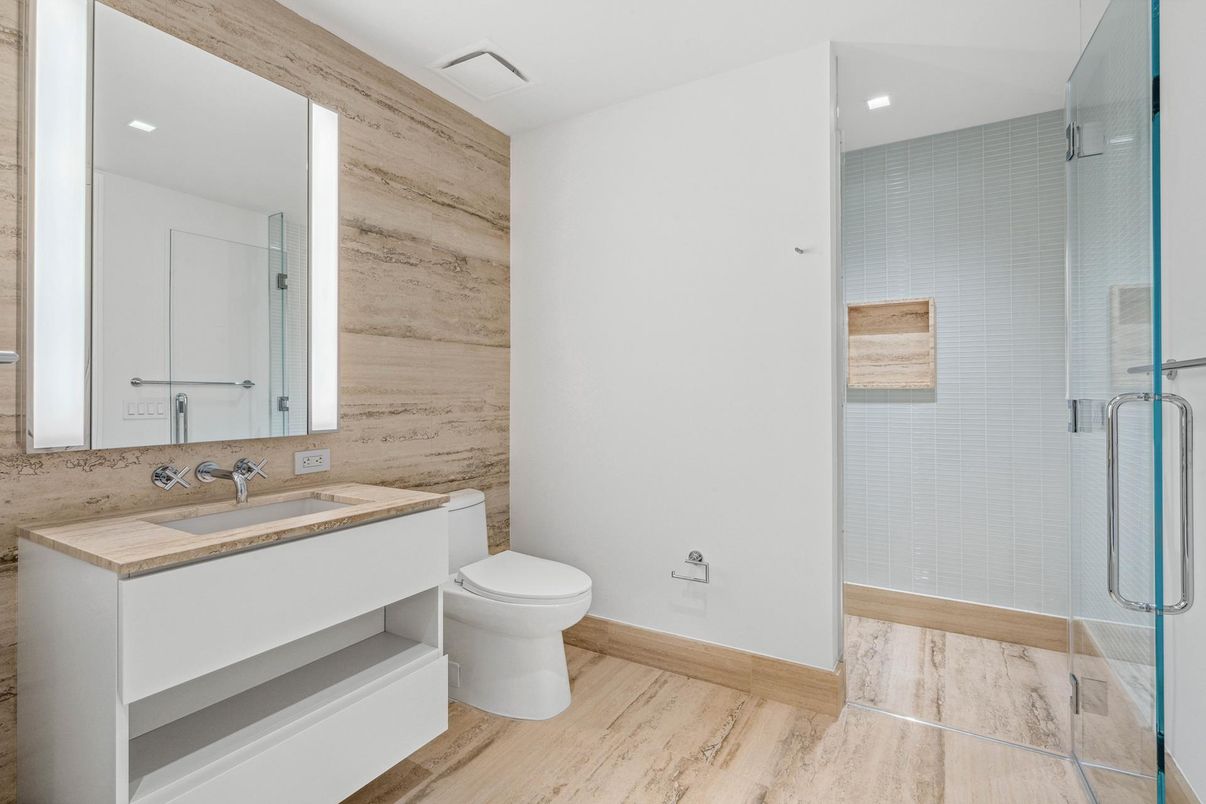 Bathroom, Glass Shower, Interior, Recessed Lighting, Wood Texture Flooring, Wooden Walls