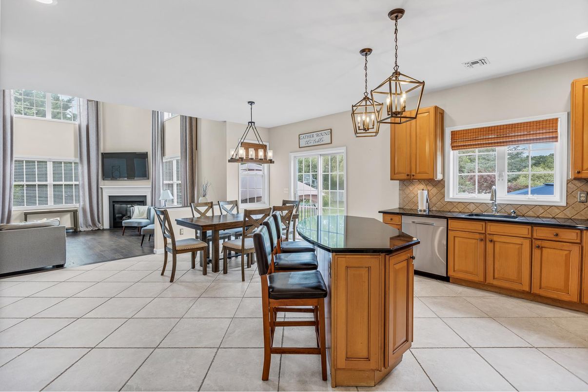 Dining room, Fireplace, Interior, Kitchen, Pendant Lights, Recessed Lighting