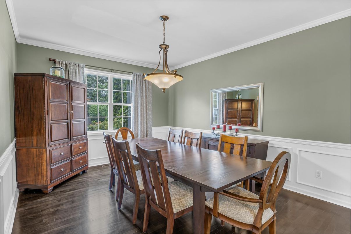 Dining room, Interior, Pendant Lights, Wood Texture Flooring