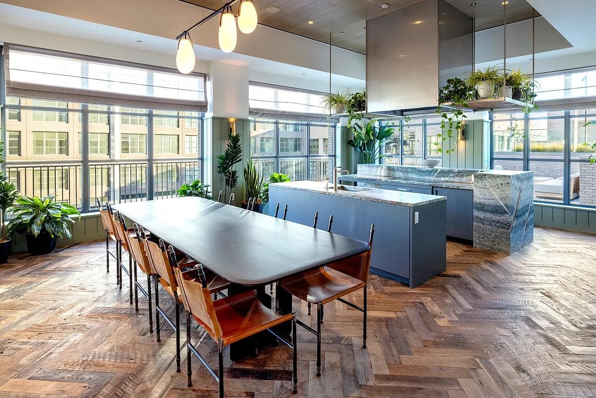 Dining room, Interior, Pendant Lights, Recessed Lighting, Wood Texture Flooring
