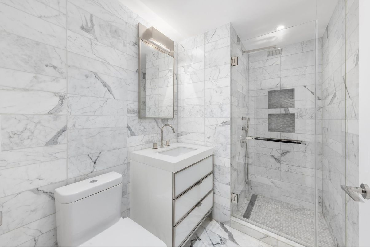 Bathroom, Glass Shower, Interior, Marble, Marble Walls, Recessed Lighting