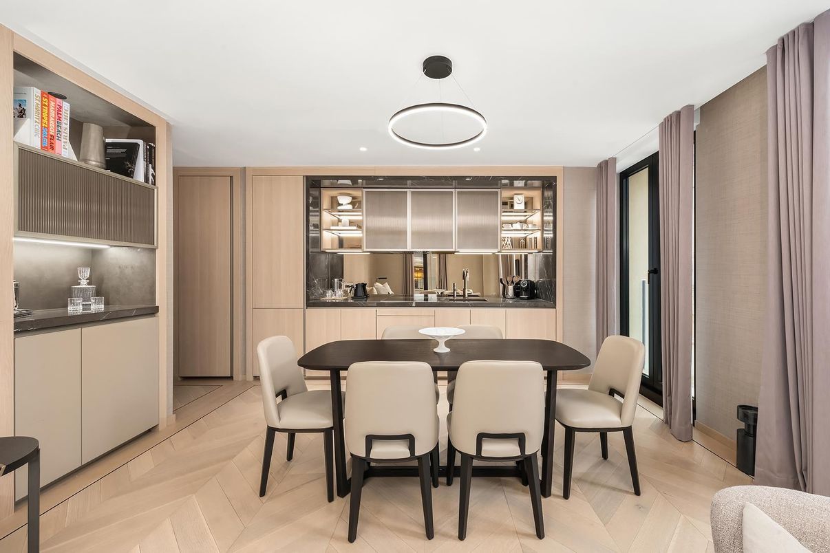 Dining room, Interior, Pendant Lights, Recessed Lighting, Wood Texture Flooring