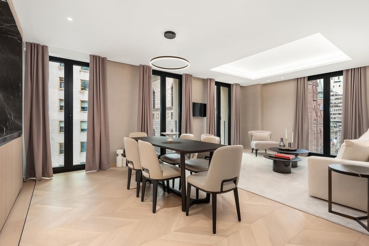 Dining room, Interior, Living room, Pendant Lights, Recessed Lighting, Wood Texture Flooring