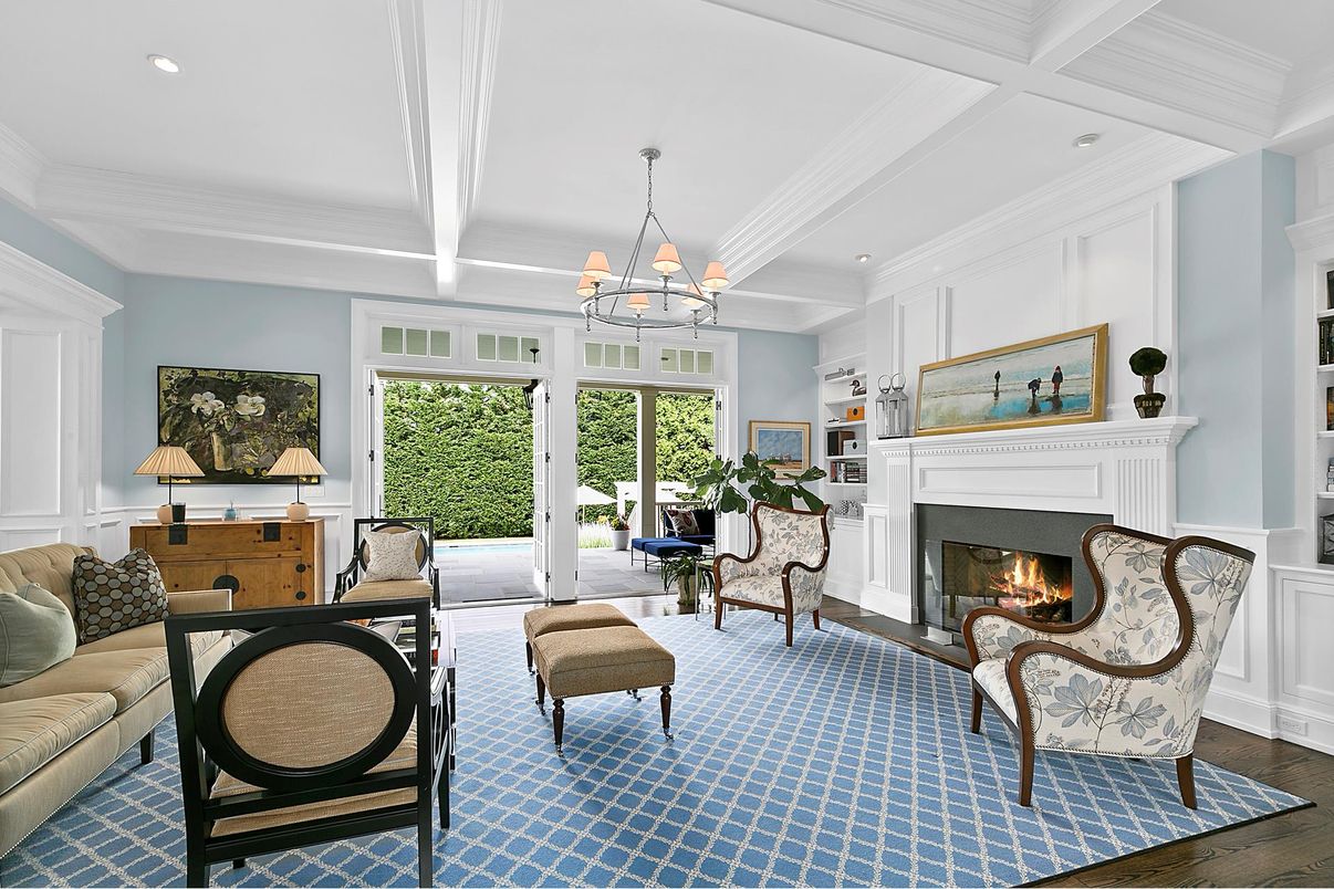 Chandelier, Fireplace, Interior, Living room, Recessed Lighting, Wood Texture Flooring
